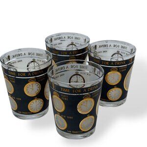 Set of 4 Mid-Century Modern "Time For A Drink" Double Old Fashioned Glasses Gold